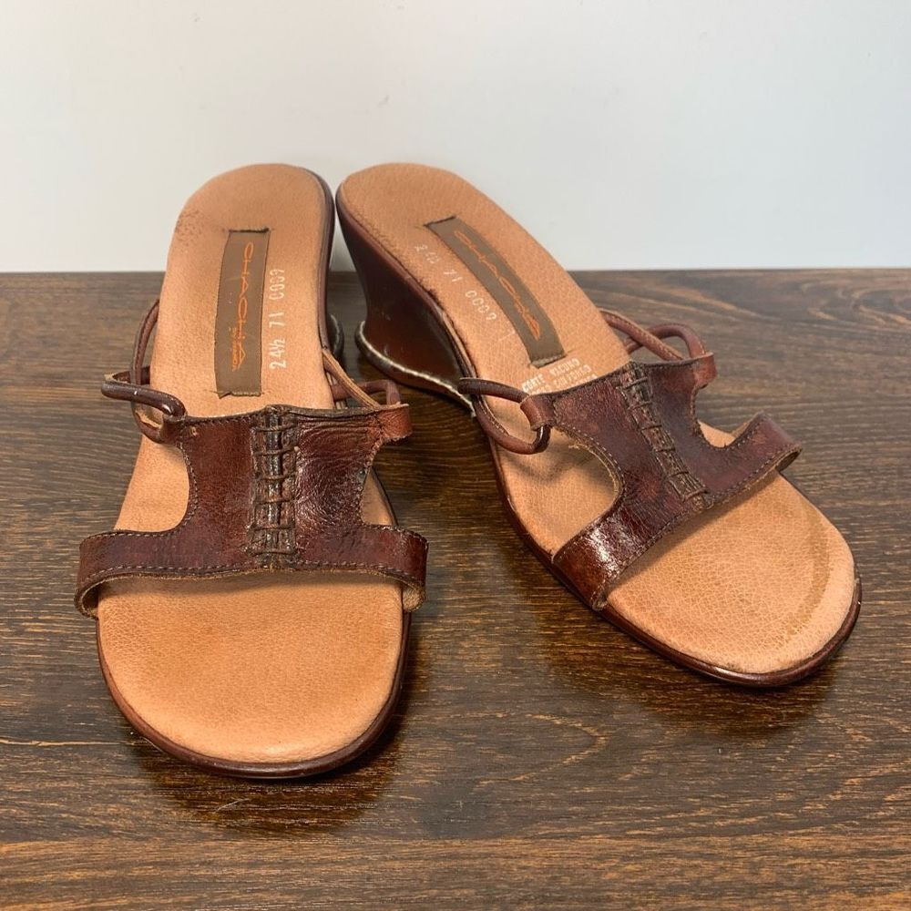 Chacha brown leather open toe mule, slip on size 8/24.5 ￼